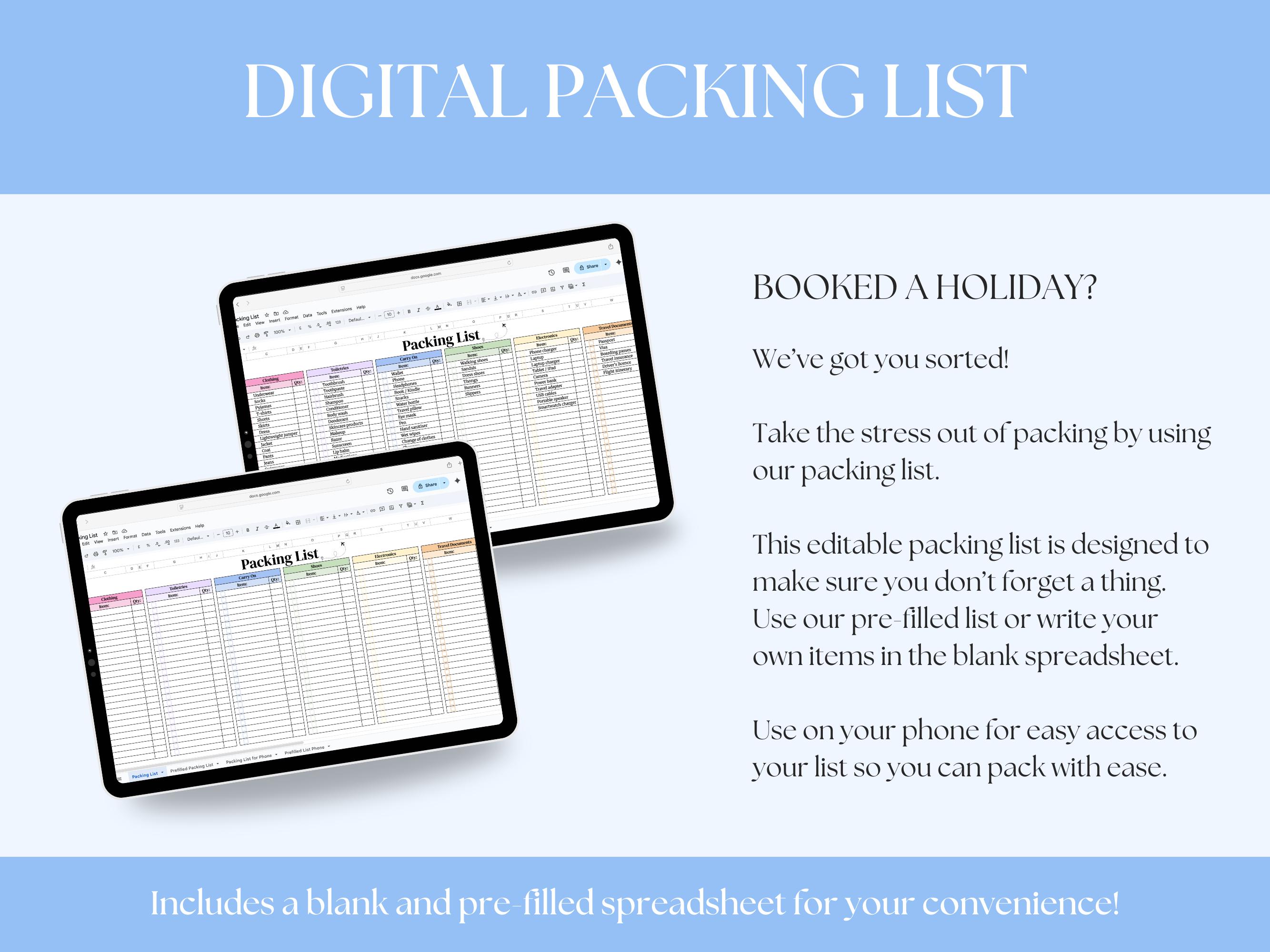 Travel Packing List Template Google Sheets & Excel + Printable PDF ...