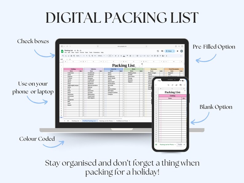 Travel Packing List Template Google Sheets & Excel + Printable PDF ...