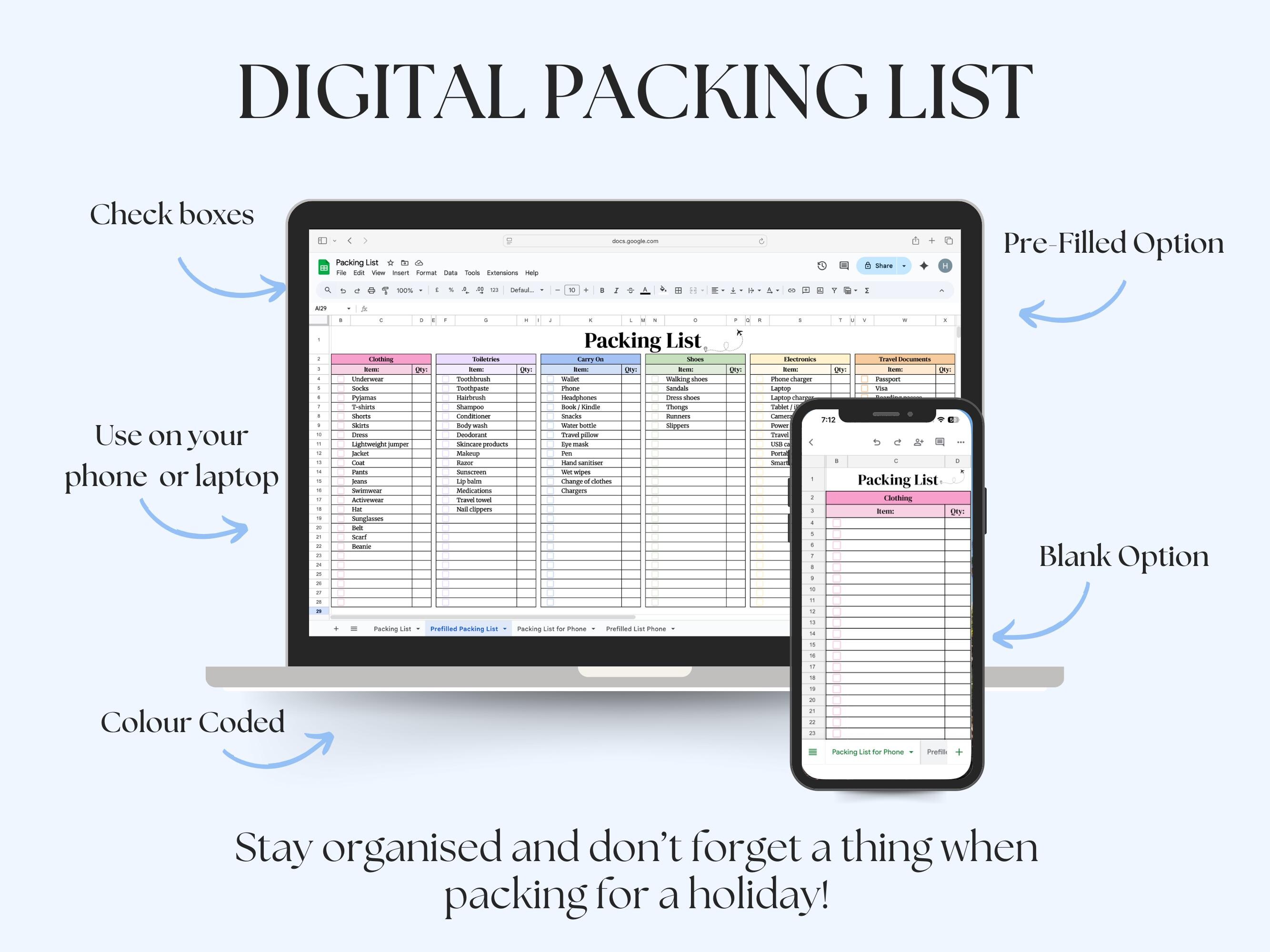 Travel Packing List Template Google Sheets & Excel + Printable PDF ...