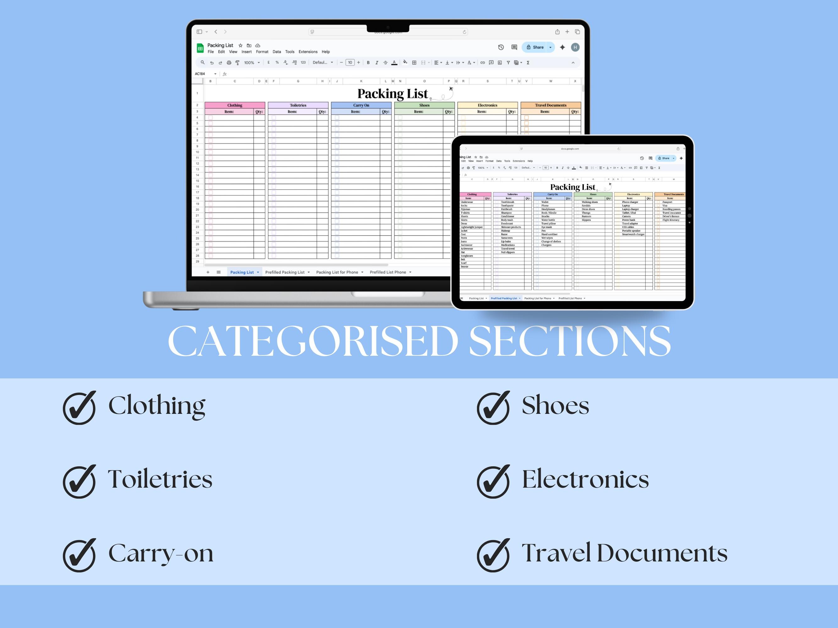 Travel Packing List Template Google Sheets & Excel + Printable PDF ...