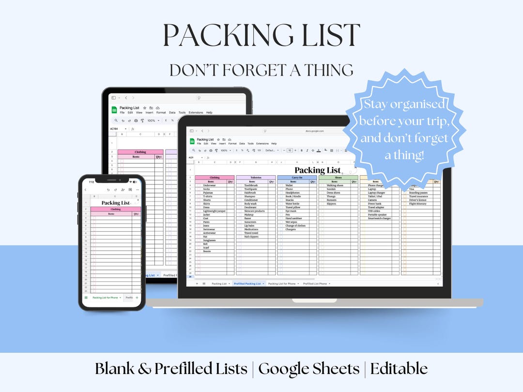 Travel Packing List Template Google Sheets & Excel + Printable PDF ...