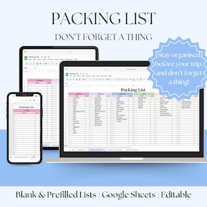 Può includere: Una lista di imballaggio digitale visualizzata su un laptop, un tablet e uno smartphone. Il testo "Packing List" è in alto, con la frase "Don't forget a thing" sotto. Una stella blu dice "Rimani organizzato prima del tuo viaggio e non dimenticare nulla!"