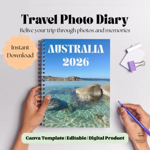 Può includere: Un diario fotografico di viaggio rilegato a spirale con il titolo "Travel Photo Diary" e il testo "Australia 2026" sulla copertina. La copertina presenta una foto panoramica di un oceano blu chiaro e rocce. Sono visibili anche le parole "Instant Download".