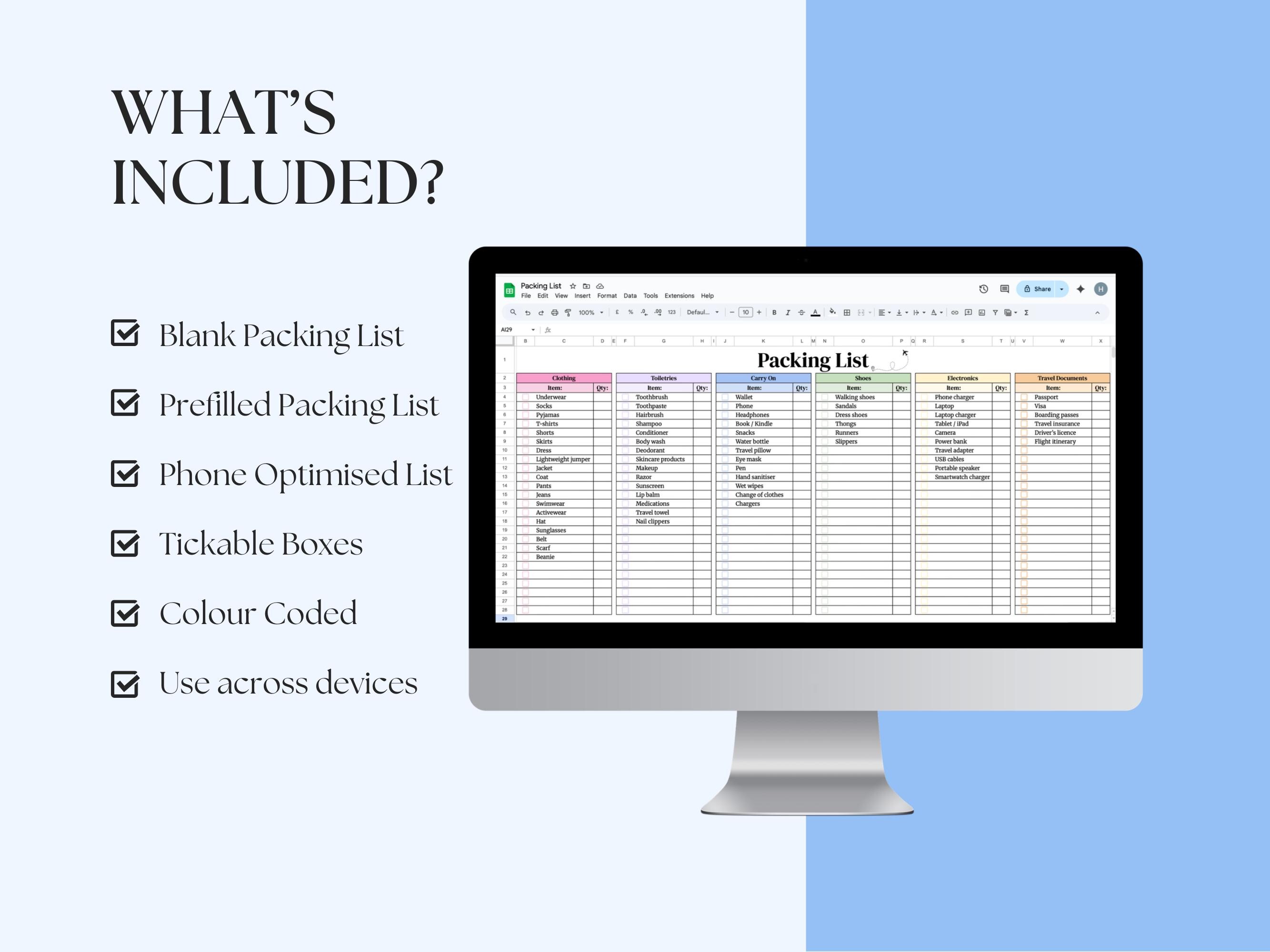 Travel Packing List Template Google Sheets & Excel + Printable PDF ...