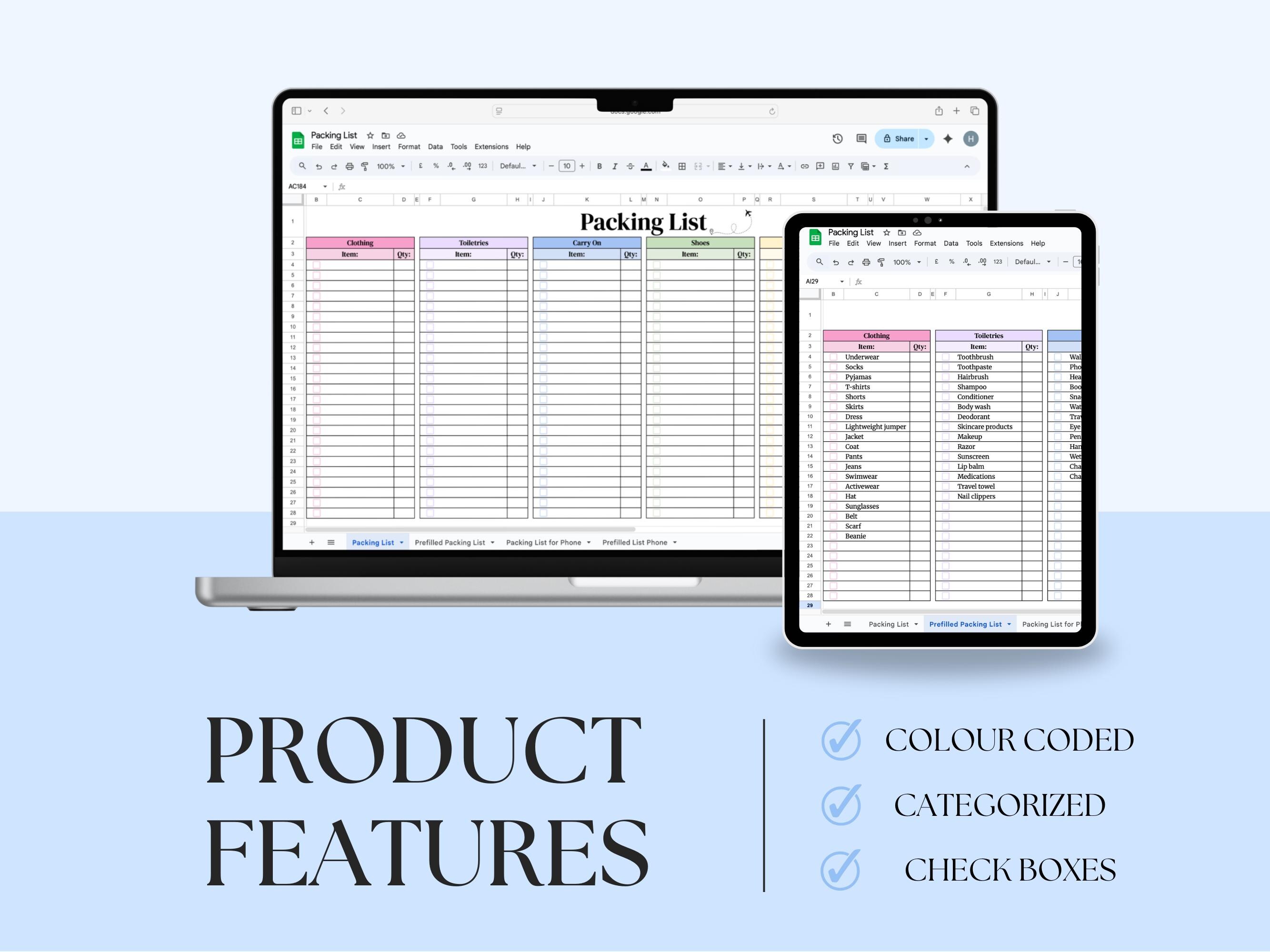 Travel Packing List Template Google Sheets & Excel + Printable PDF ...