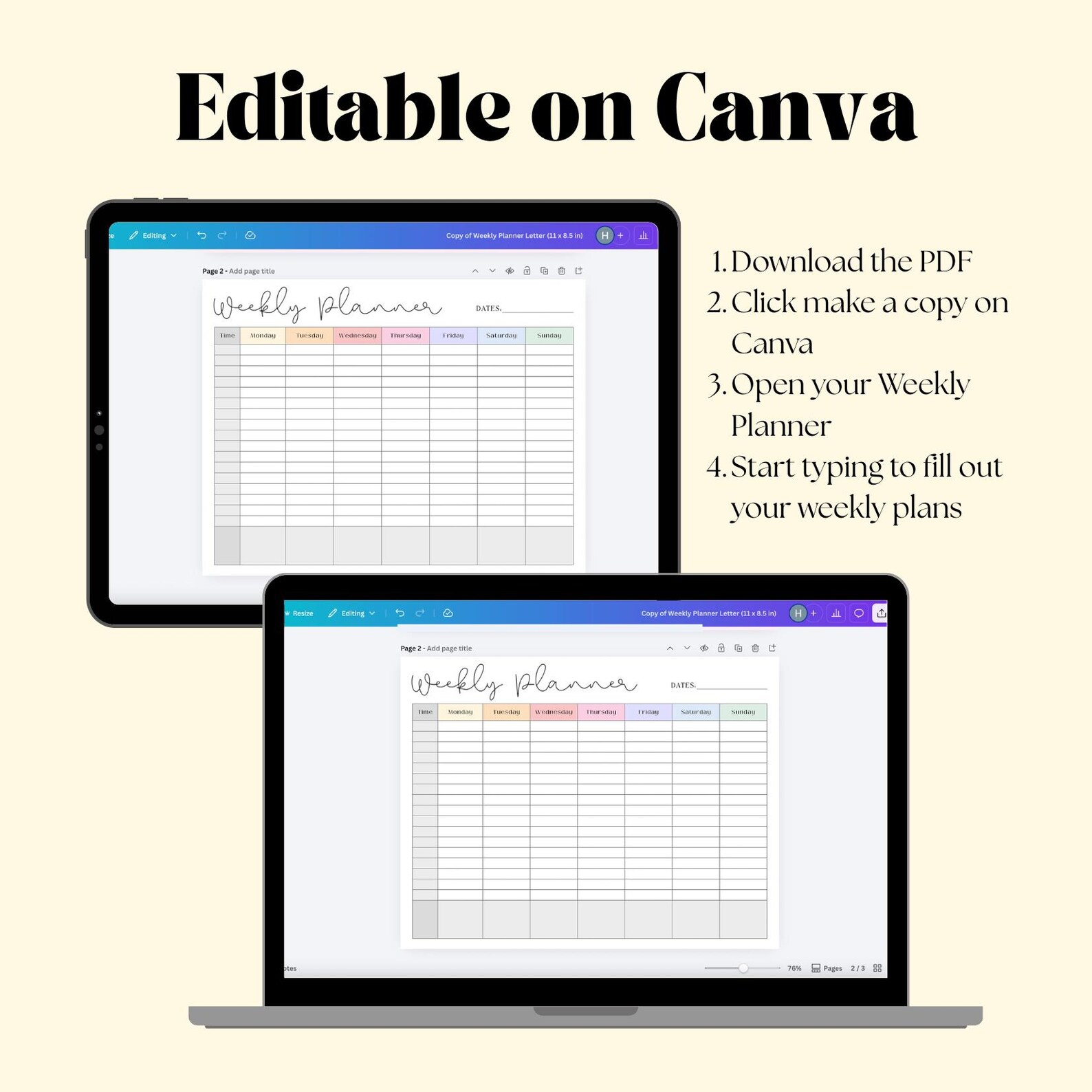 Editable Weekly Planner | Weekly Schedule PDF | Weekly Organizer ...