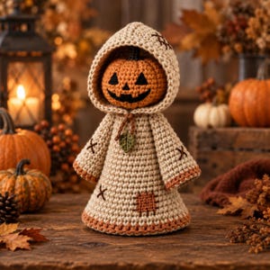 May include: A crochet doll featuring a round orange pumpkin head with a black stitched jack-o'-lantern face, wearing a beige hooded cloak with brown stitched accents, a small green leaf detail, and a brown patch on the lower hem.