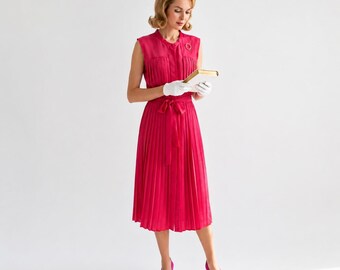 Ted Lapidus Paris VTG Fuchsia Pleated Midi Dress Size 40(Fr) Mod 60s-70s Chic