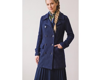 VTG Ralph Lauren Blue Label Double Breasted Heavy Cotton Knit Peacoat - XS Navy