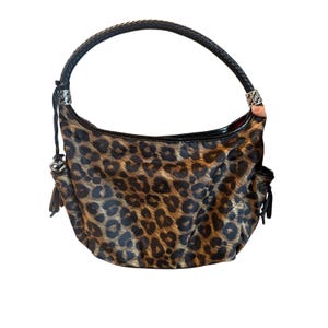 VTG Brighton Leopard Print Nylon Hobo Bag Braided Leather Handle Silver Y2K image 4