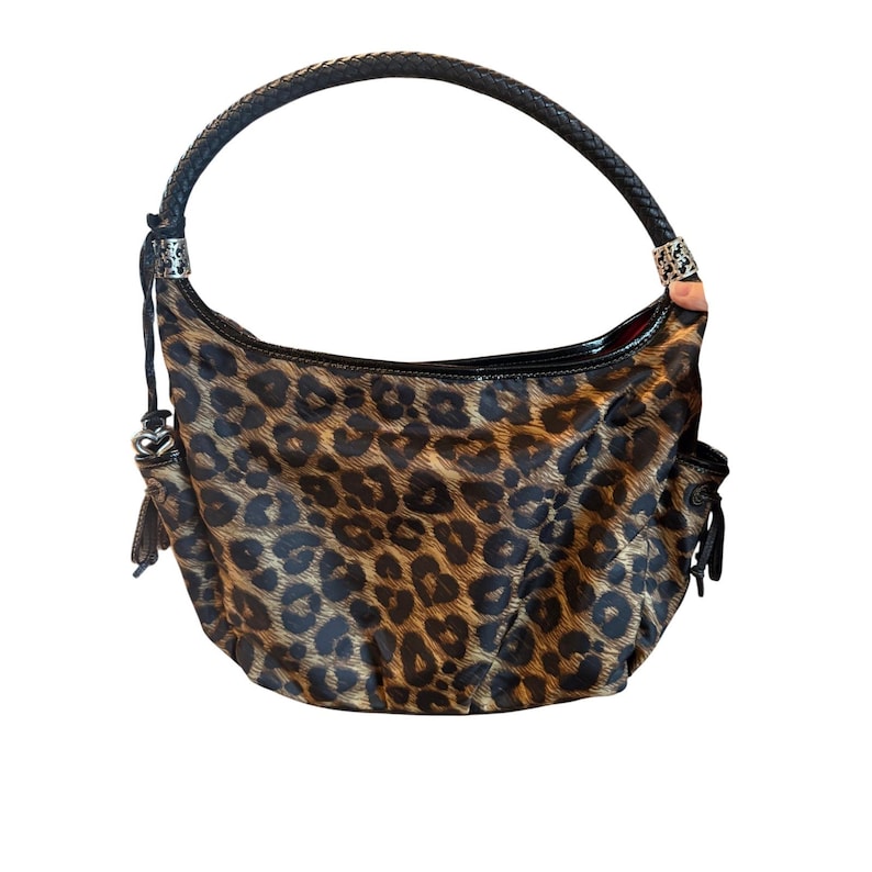 VTG Brighton Leopard Print Nylon Hobo Bag Braided Leather Handle Silver Y2K image 4