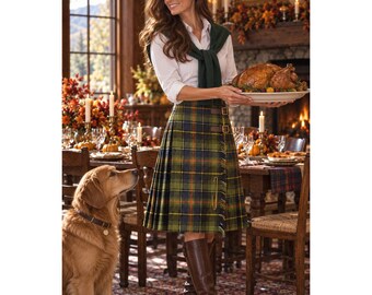 Jupe kilt vintage « Gordon Weathered » en tartan 100 % pure laine verte avec épingle