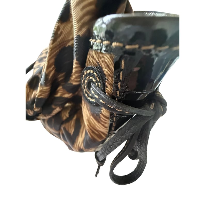 VTG Brighton Leopard Print Nylon Hobo Bag Braided Leather Handle Silver Y2K image 9