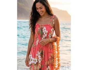 VTG Royal Creations Plumeria Rain Hawaiian Smocked Midi Dress S Resort Tiki USA