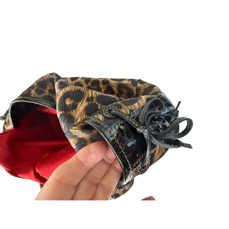 VTG Brighton Leopard Print Nylon Hobo Bag Braided Leather Handle Silver Y2K image 13