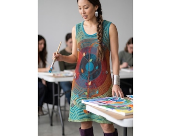 Vtg Razor Cut Artisan Boho Sleeveless Dress Teal Multi Art Teacher