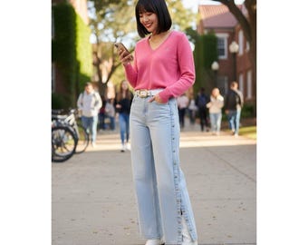 VTG Y2K Abercrombie & Fitch Pink 100% Lambswool V-Neck Sweater  S Preppy