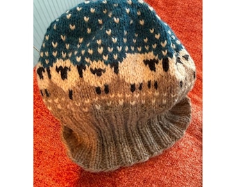 Handmade Sheep Fair Isle Beanie Teal Taupe Wool Pom Pom  Hygge Gorpcore Nordic