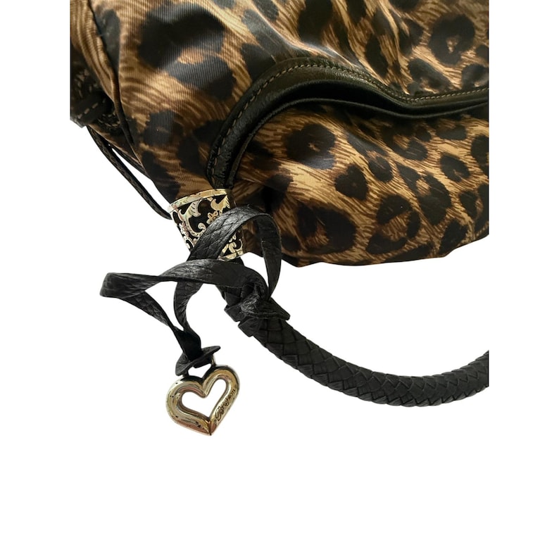 VTG Brighton Leopard Print Nylon Hobo Bag Braided Leather Handle Silver Y2K image 8