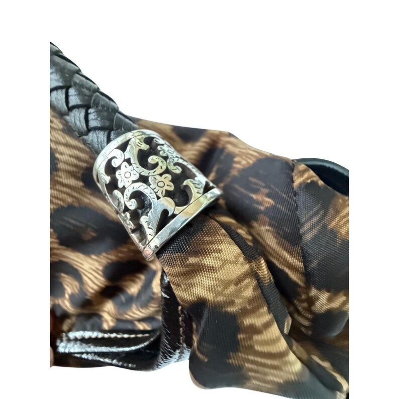 VTG Brighton Leopard Print Nylon Hobo Bag Braided Leather Handle Silver Y2K image 18