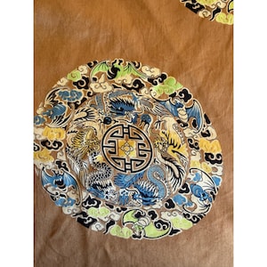 May include: A circular, ornate design featuring dragons, birds, and clouds in shades of blue, yellow, and green. The design is centered on a brown background, with intricate details and a traditional aesthetic.