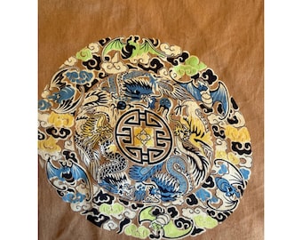 Vintage 100% Silk Chinese Dragon Bat Medallion Duvet Bronze Feng Sui