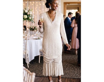 VTG Silk Judith Anne Ivory Gown M; all over beaded; Pristine; MOB, Bridal, MOG,