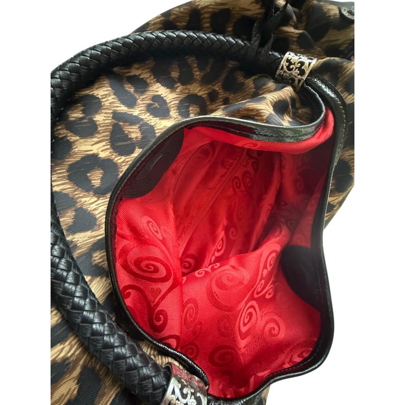 VTG Brighton Leopard Print Nylon Hobo Bag Braided Leather Handle Silver Y2K image 11