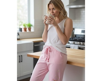 VTG Nick & Nora Pink Kitten Butterflies geborduurde loungebroek met wijde pijpen L