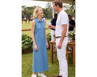 Vintage Lizsport  Blue Sleeveless Polo Midi Dress Cotton Pique M USA Preppy