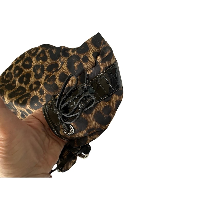 VTG Brighton Leopard Print Nylon Hobo Bag Braided Leather Handle Silver Y2K image 14