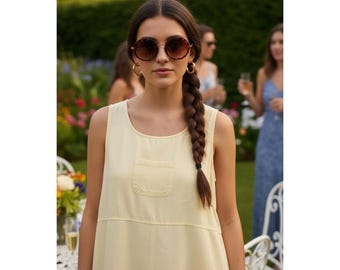 VTG Lagenlook AKS Butter Yellow Tencel Lyocell Sleeveless Midi Dress M