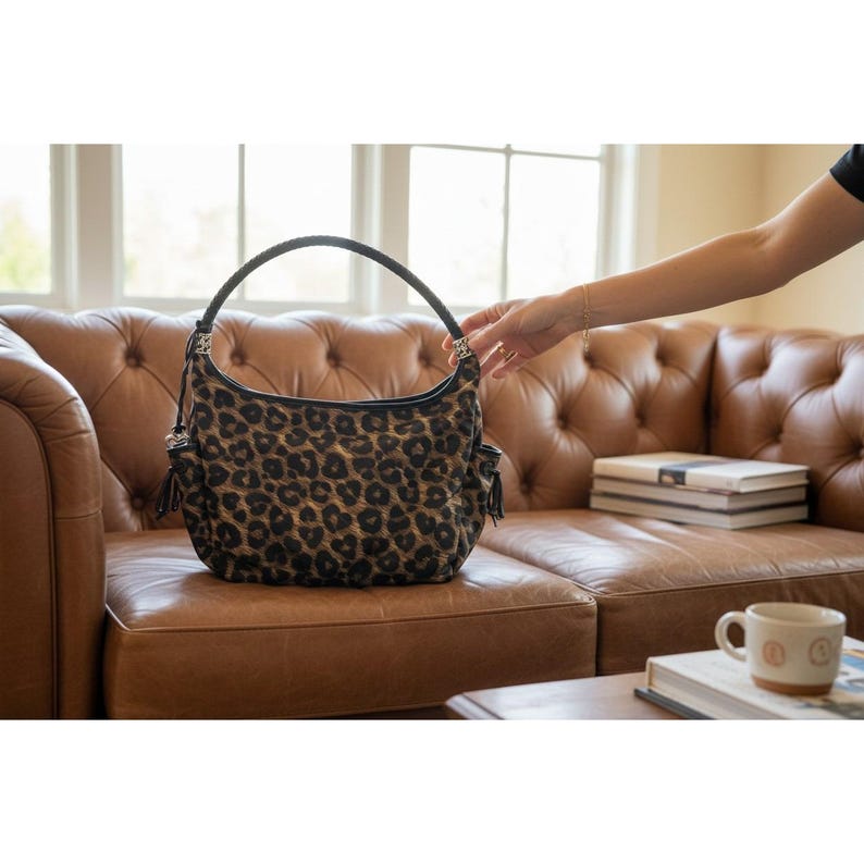 VTG Brighton Leopard Print Nylon Hobo Bag Braided Leather Handle Silver Y2K image 2