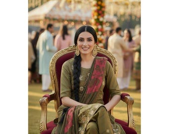Olive Green Embroidered Shalwar Kameez 3 Piece Set Pink Leaf Print Floral Tunic