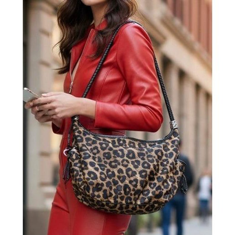VTG Brighton Leopard Print Nylon Hobo Bag Braided Leather Handle Silver Y2K image 1