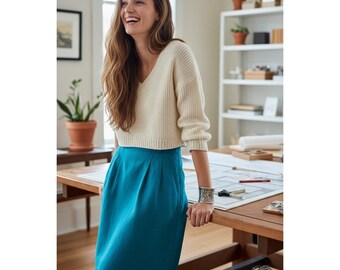 VTG 80s SK & Company Turquoise Pure Silk Pencil Skirt Pockets Size 6 Office Work