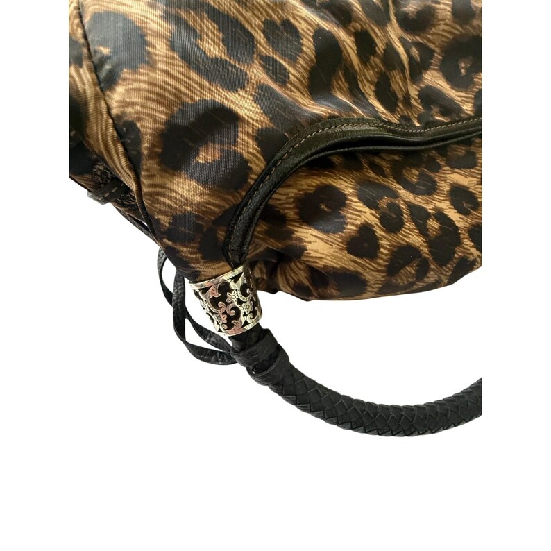 VTG Brighton Leopard Print Nylon Hobo Bag Braided Leather Handle Silver Y2K image 7