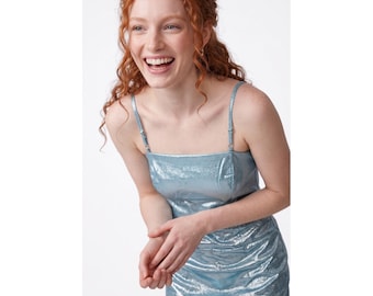 BCBGMAXAZARIA Metallic Blue Bodycon Mini Dress Adjustable Straps Size 7