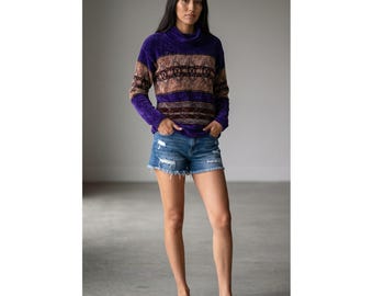 VTG CB Milligan Southwest Cowl Neck Chenille Sweater Royal Purple