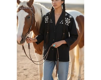 Vtg Carole Little Sport 90s Black Embroidered Beaded Southwestern Jacket Vtg 4 M