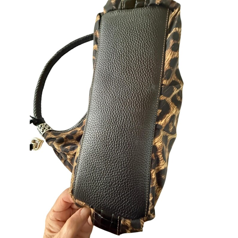 VTG Brighton Leopard Print Nylon Hobo Bag Braided Leather Handle Silver Y2K image 5