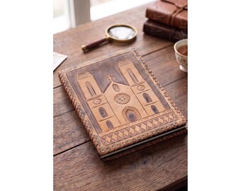 VTG Mexican Hand Tooled Leather Pocket Notebook Journal Palm Trees Church 5x7