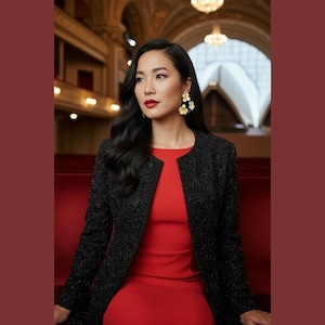 May include: A woman wearing a red dress and a black, embroidered jacket. She is wearing flower-shaped earrings. The background features an ornate interior with red seating and architectural details.