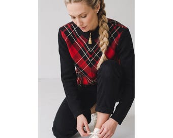NWOT VTG St John Plaid Zip Cardigan Gold Tassel S Royalcore Old Money