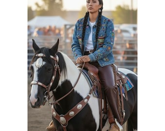 VTG Carole Little Sport  Southwestern Beaded Denim Jacket 12 Western Rodeo