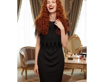 Vintage NightWay Black Cocktail Dress — Art Deco Lace & Fringe Made in USA 1980s