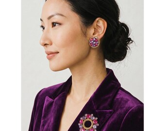 Vintage Weiss Purple Fuchsia Rhinestone Wreath Brooch & Earring Set Retro Glam