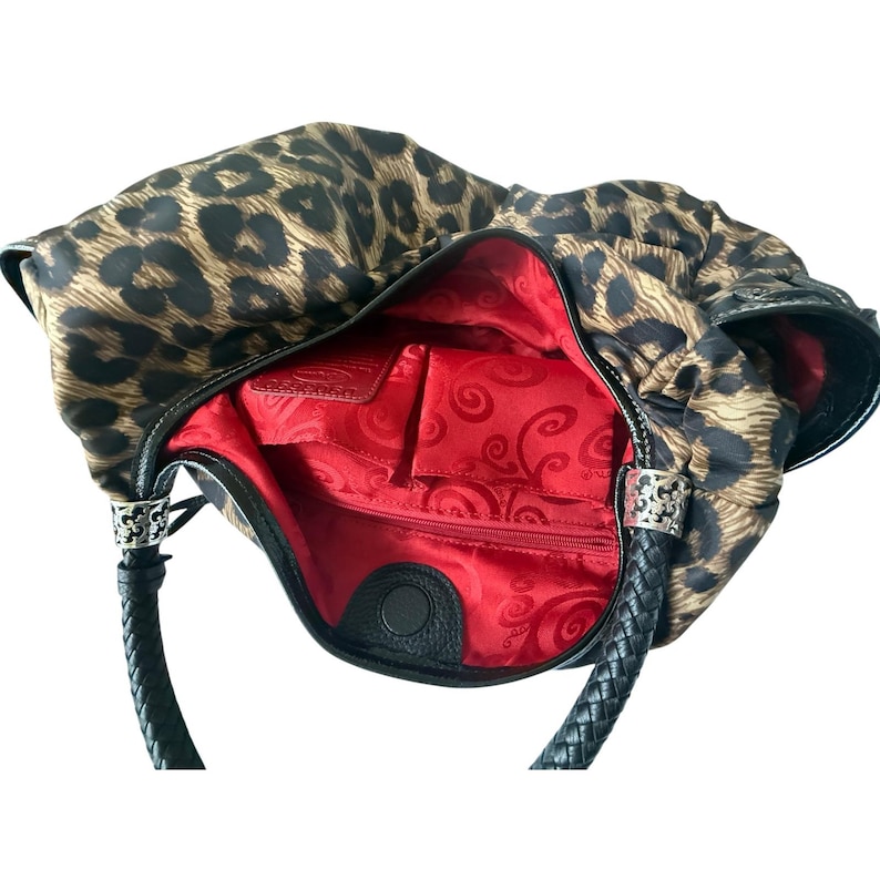 VTG Brighton Leopard Print Nylon Hobo Bag Braided Leather Handle Silver Y2K image 12
