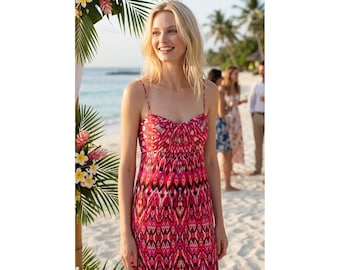 VTG Donna Morgan 100% Silk Pink Ikat dress 12P beach wedding guest cocktail