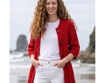 VTG Kilronan Red Merino Wool Cable Knit Cardigan Ireland Fisherman Aran M